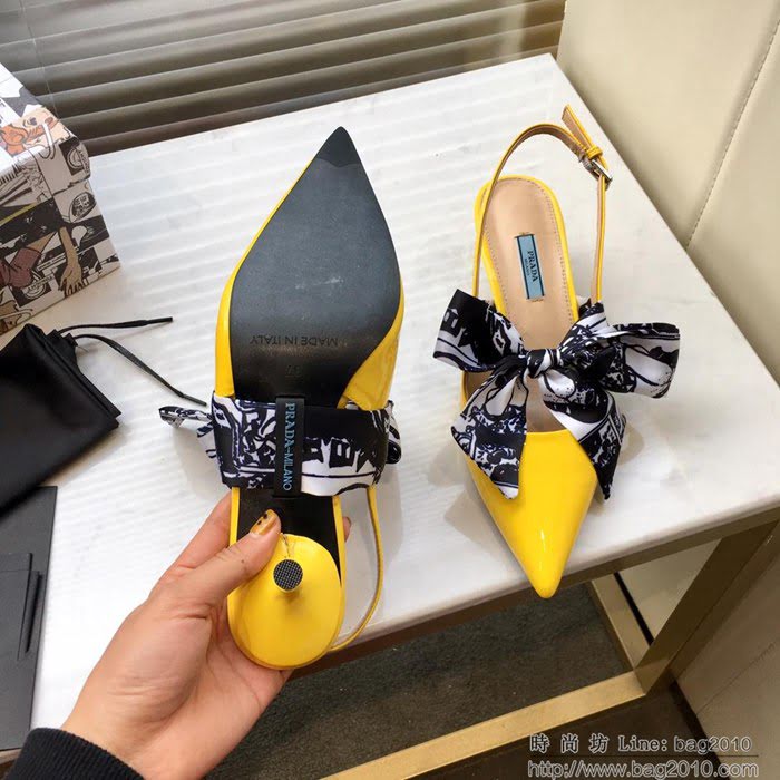 PRADA普拉達 2019早春新款 蝴蝶結絲帶 百搭款 高跟涼鞋 牛漆皮 女尖頭鞋 一鞋兩穿  ljl1462